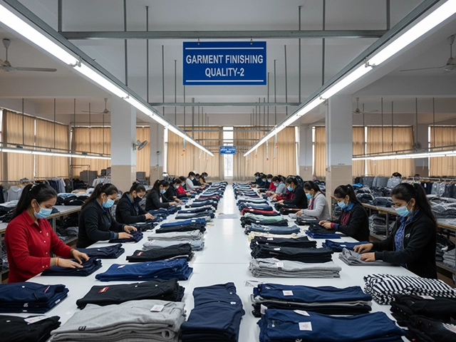 Quality inspector checking finished garments for stitching defects and finishing standards in Chennai