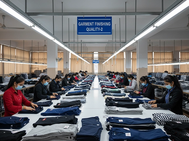 Garment finishing specialist assessing completed apparel for export readiness at a Chennai manufacturing facility